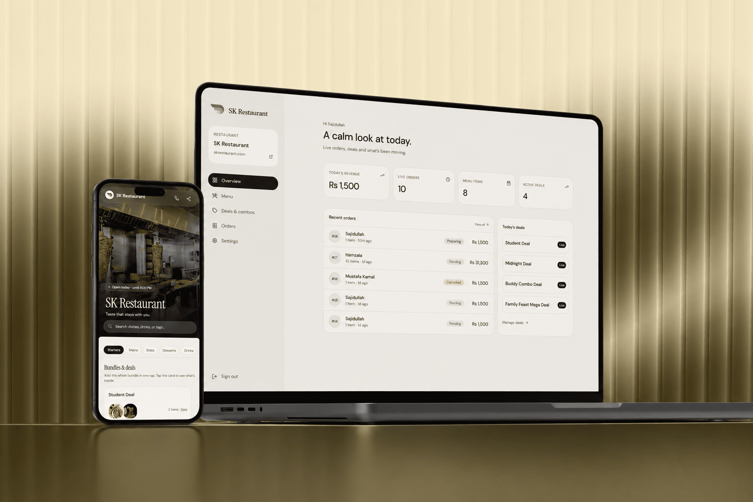 Dinelix landing page mockup showing restaurant dashboard and public page
